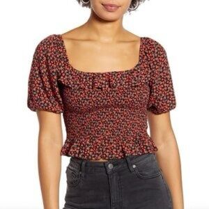 All in Favor Red Floral Smocked Square-Neck Crop Top